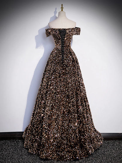 A-Line Off Shoulder Coffee Gold Sequin Long Prom Dress, Coffee Gold Formal Dress ED0740