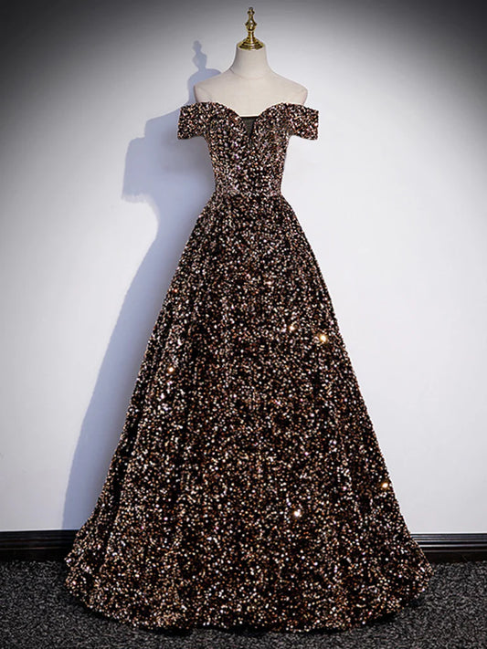 A-Line Off Shoulder Coffee Gold Sequin Long Prom Dress, Coffee Gold Formal Dress ED0740