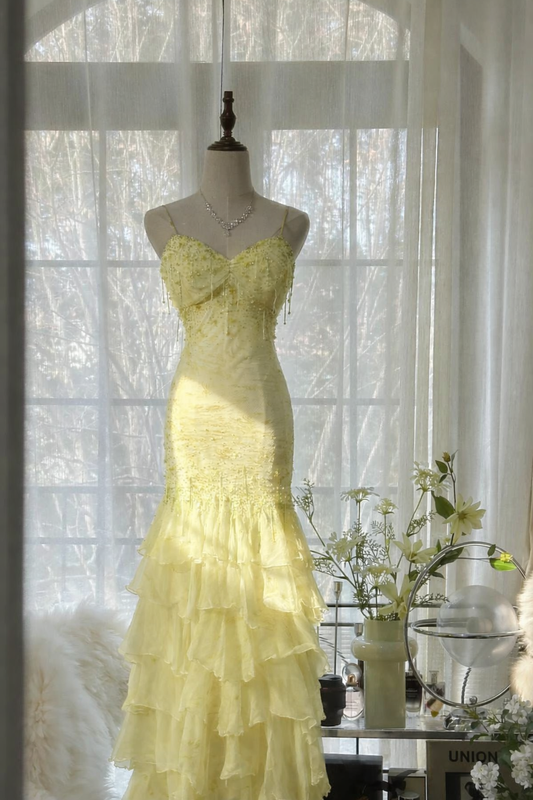 Elegantes Meerjungfrauen-Abendkleid mit Spaghettiträgern, langes Chiffonkleid mit Perlenbesatz, helllila, Ballkleid ED07400