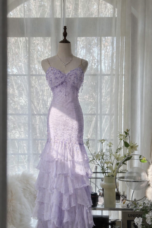 Elegantes Meerjungfrauen-Abendkleid mit Spaghettiträgern, langes Chiffonkleid mit Perlenbesatz, helllila, Ballkleid ED07400