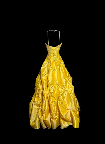 Magnifique robe de bal jaune, décolleté cœur, coupe trapèze, en satin orné de perles, robe d'anniversaire ED07401