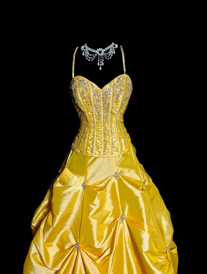 Magnifique robe de bal jaune, décolleté cœur, coupe trapèze, en satin orné de perles, robe d'anniversaire ED07401