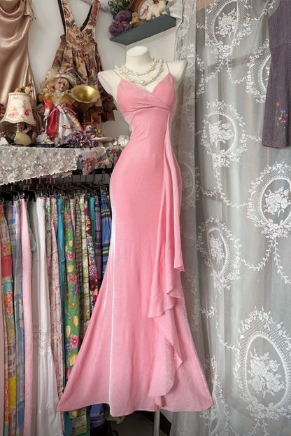 Magnifique robe de bal rose à fines bretelles, robe de soirée fourreau en mousseline, robe d'anniversaire ED07404