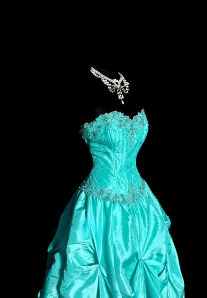Elegantes türkisfarbenes Satin-Abendkleid mit Herzausschnitt, A-Linie, langes Modell ED07406
