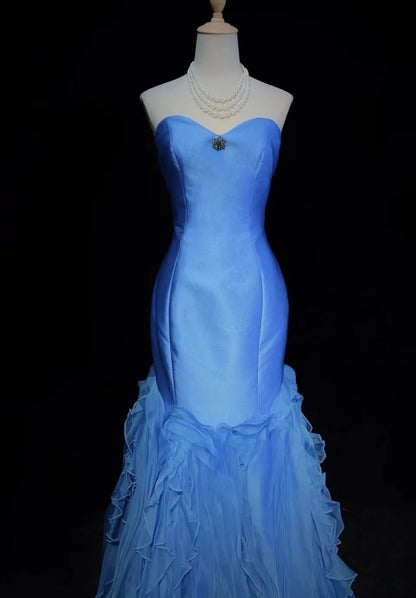 Robe de bal bleue chic en satin, bustier cœur, robe de soirée sirène longue ED07407