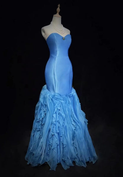 Robe de bal bleue chic en satin, bustier cœur, robe de soirée sirène longue ED07407