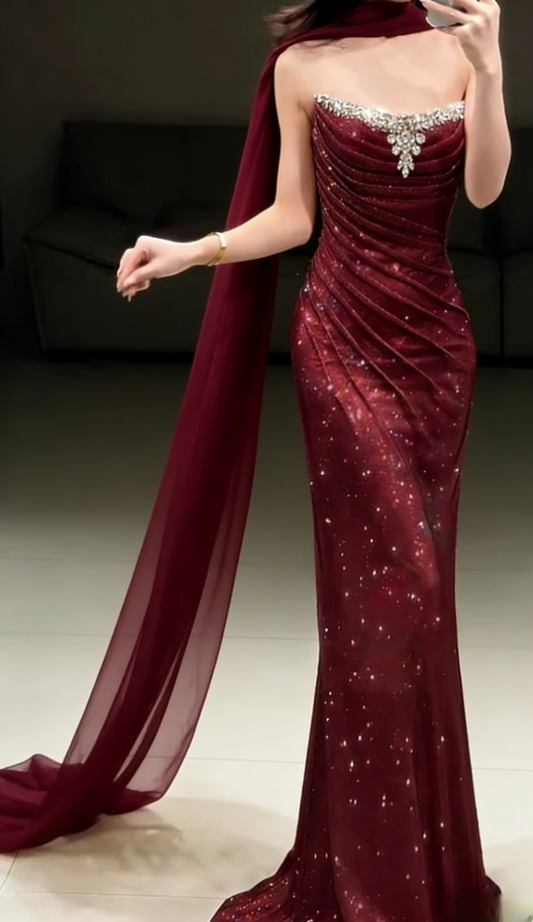Chic Burgundy Prom Dress Tulle Strapless Sheath Long Evening Dress ED07408