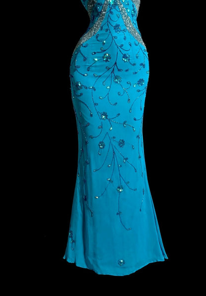 Chic Blue Prom Dress Beaded Chiffon Spaghetti Straps Sheath Long Evening Dress ED07409