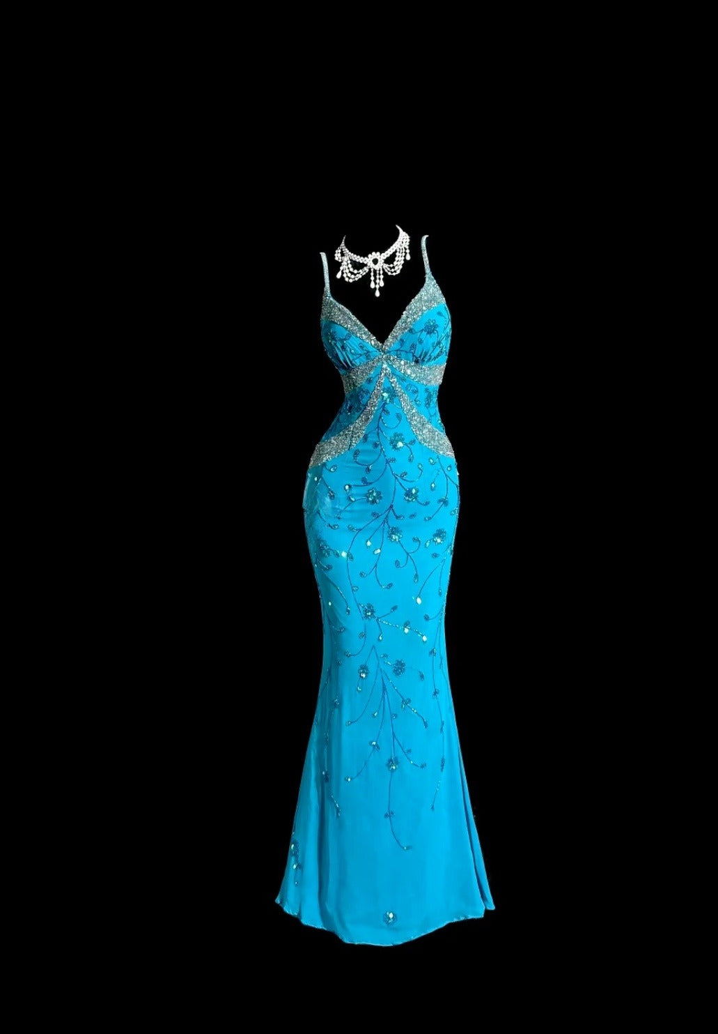 Chic Blue Prom Dress Beaded Chiffon Spaghetti Straps Sheath Long Evening Dress ED07409