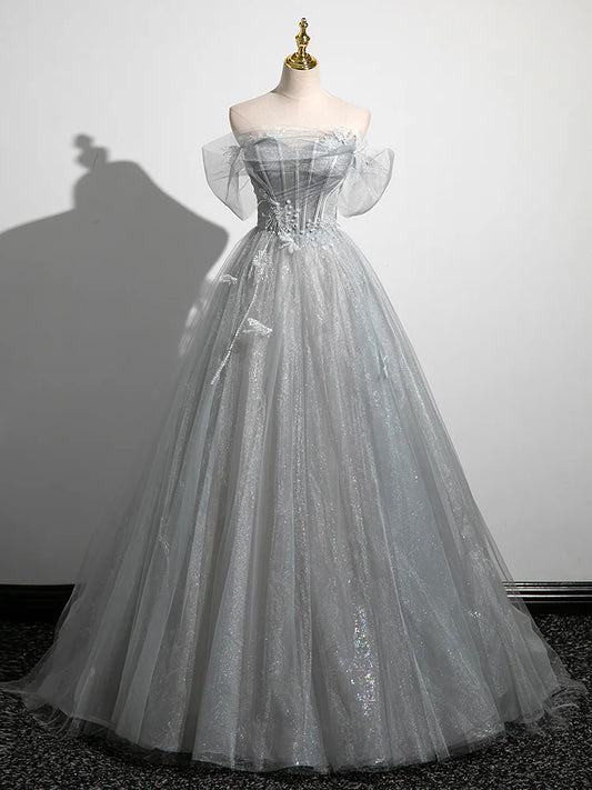 Robe de bal longue grise en tulle coupe trapèze, robe de soirée formelle en tulle gris ED0741