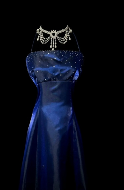 Robe de bal bleu marine chic en satin, dos nu, fourreau, longue robe de soirée ED07413