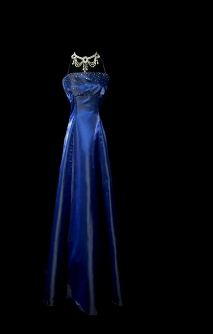 Robe de bal bleu marine chic en satin, dos nu, fourreau, longue robe de soirée ED07413