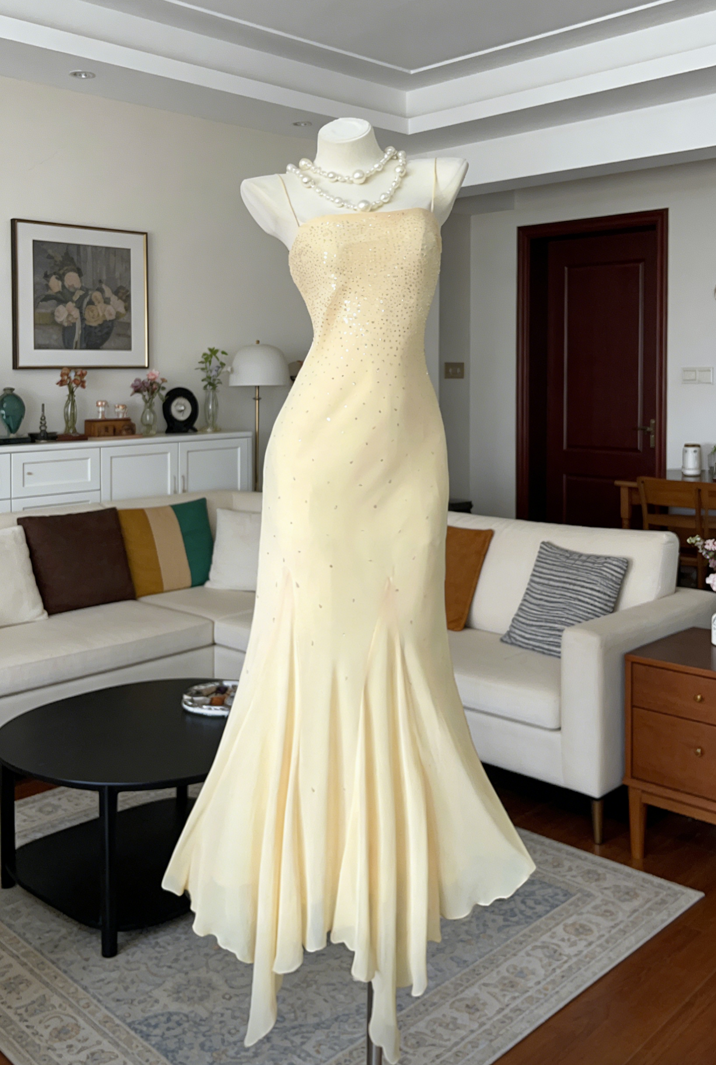Robe de bal jaune élégante en mousseline avec fines bretelles, fourreau, robe de soirée longue ED07414