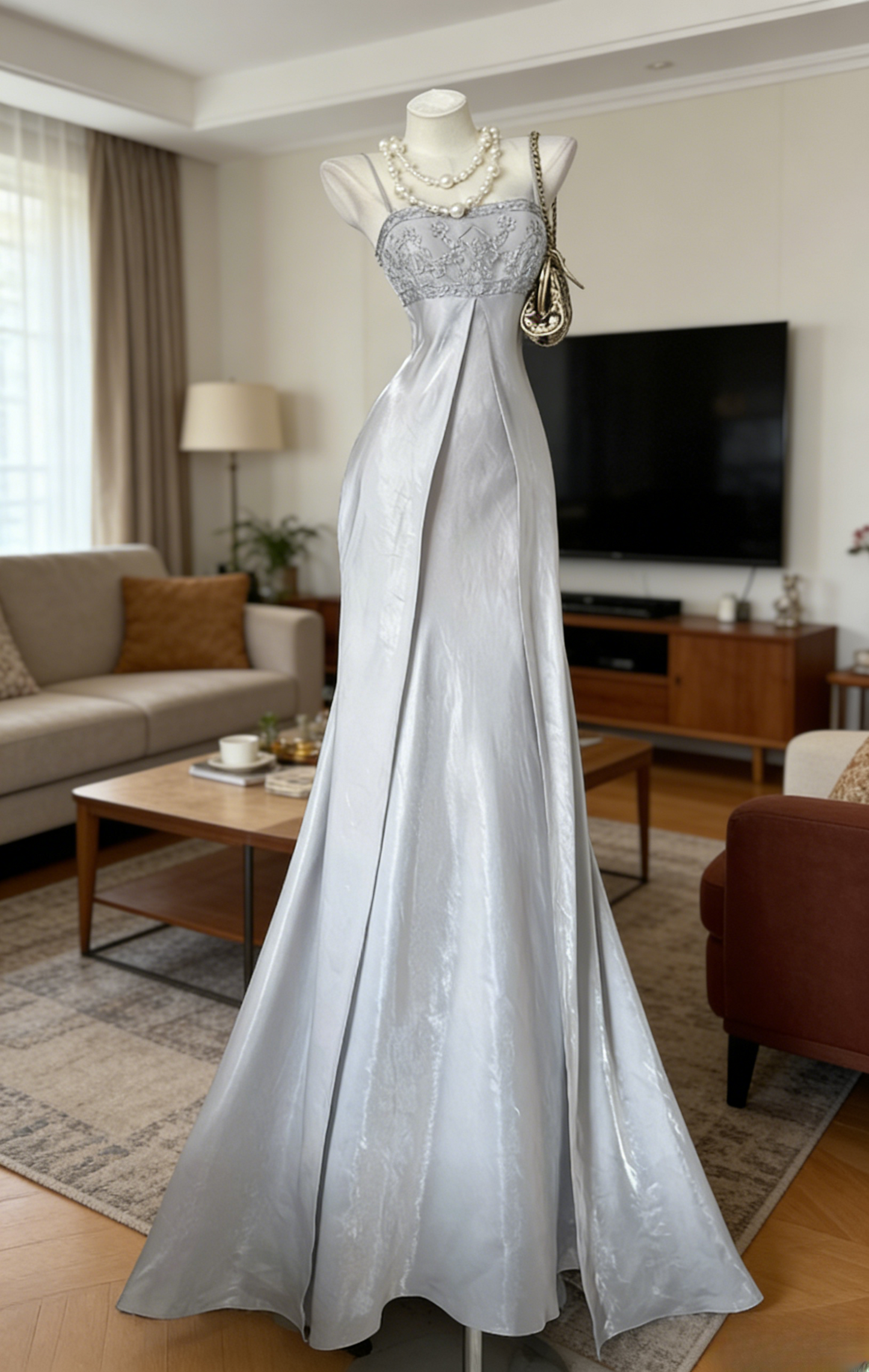 Classy Gray Prom Dress Beaded Satin Spaghetti Straps Sheath Long Evening Dress ED07415