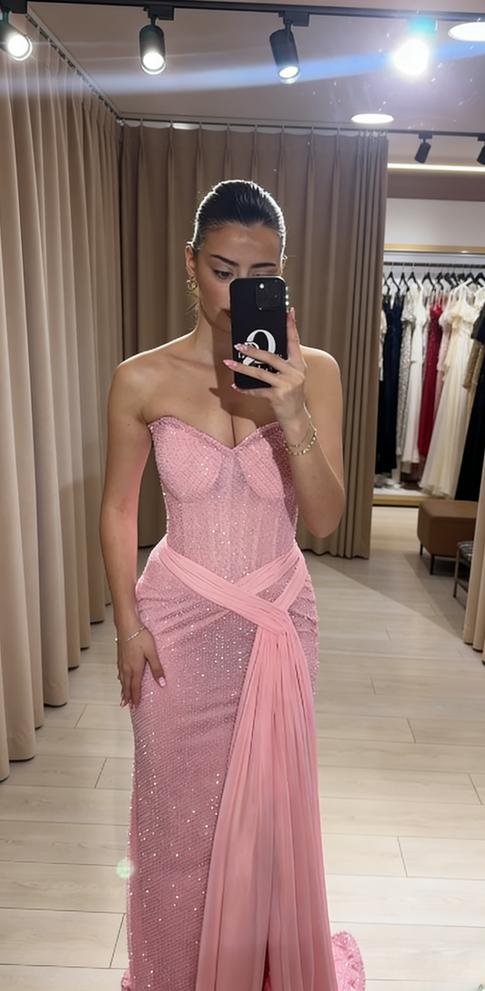 Fashion Pink Prom Dress Sequins Chiffon Sweetheart Sheath Long Evening Dress with Slit ED07419