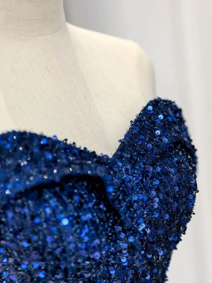 Robe de bal longue bleue à paillettes, épaules dénudées, simple, robe de soirée longue bleue à paillettes ED0742