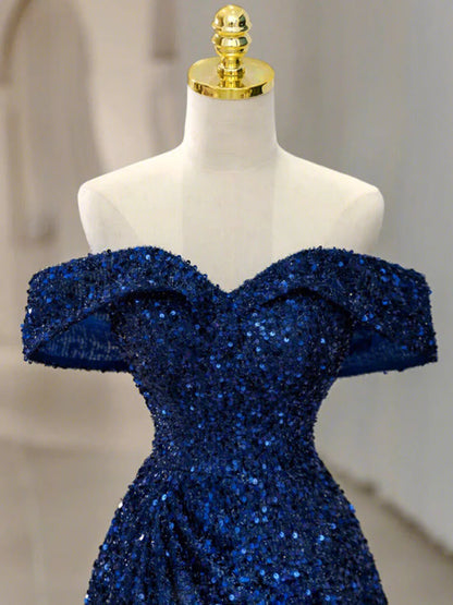 Robe de bal longue bleue à paillettes, épaules dénudées, simple, robe de soirée longue bleue à paillettes ED0742