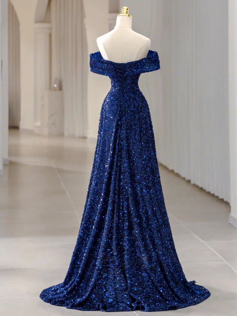 Robe de bal longue bleue à paillettes, épaules dénudées, simple, robe de soirée longue bleue à paillettes ED0742