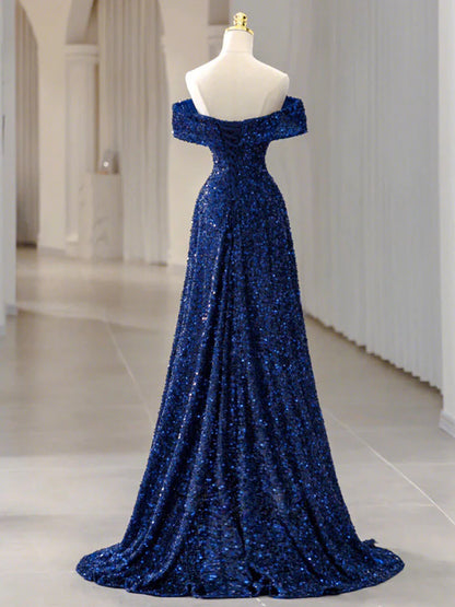 Robe de bal longue bleue à paillettes, épaules dénudées, simple, robe de soirée longue bleue à paillettes ED0742