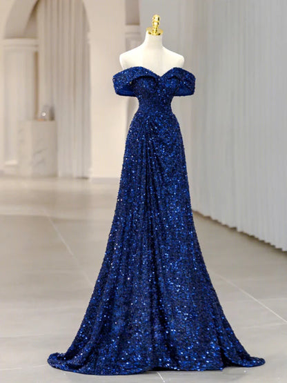 Robe de bal longue bleue à paillettes, épaules dénudées, simple, robe de soirée longue bleue à paillettes ED0742