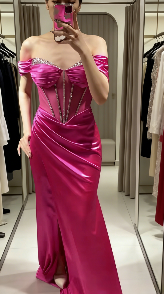 Fashion Hot Pink Prom Dress Satin Off-shoulder Sheath Long Evening Dress with Slit ED07421