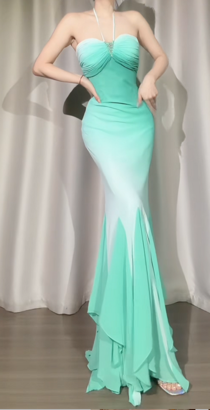 Chic Green Prom Dress Halter Mermaid Evening Dress Sleeveless Chiffon Formal Dress ED07424