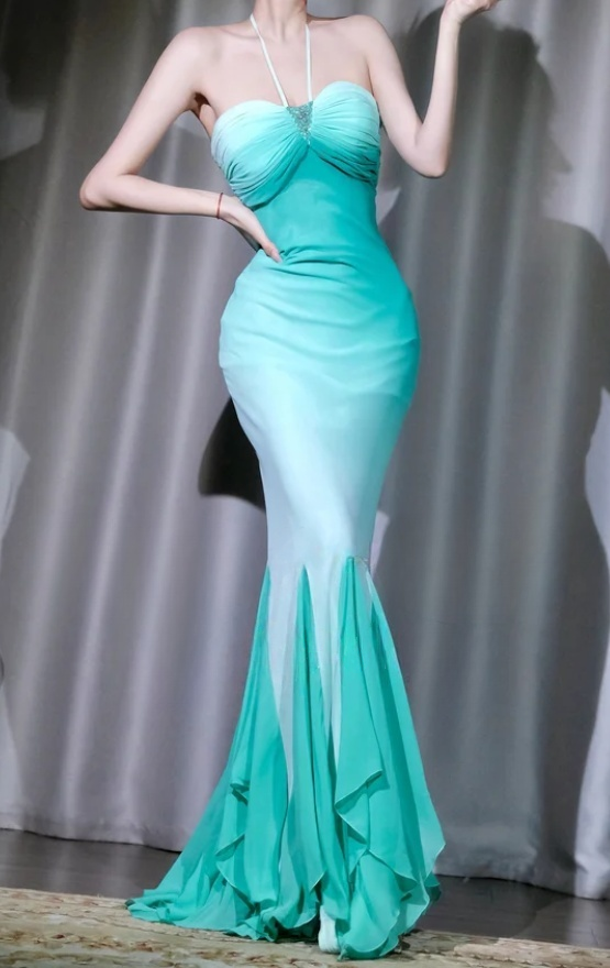 Chic Green Prom Dress Halter Mermaid Evening Dress Sleeveless Chiffon Formal Dress ED07424