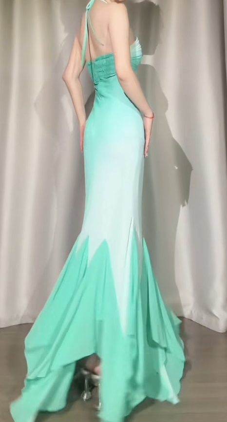 Chic Green Prom Dress Halter Mermaid Evening Dress Sleeveless Chiffon Formal Dress ED07424