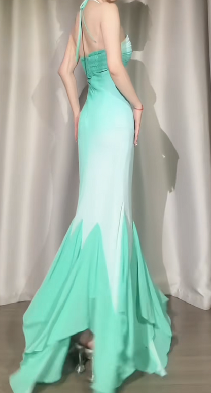 Chic Green Prom Dress Halter Mermaid Evening Dress Sleeveless Chiffon Formal Dress ED07424