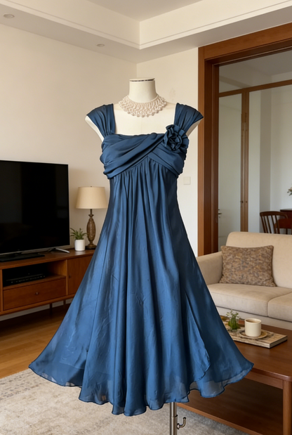 Robe de bal chic bleu marine Fourreau carré Robe de soirée sans manches en mousseline de soie courte ED07425