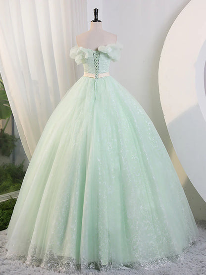 Grünes schulterfreies Tüll-Langes Ballkleid, Grünes Spitzen-Langes Sweet 16-Kleid ED0743
