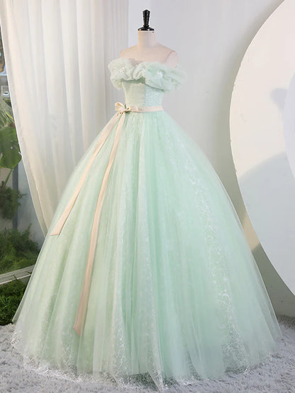 Grünes schulterfreies Tüll-Langes Ballkleid, Grünes Spitzen-Langes Sweet 16-Kleid ED0743
