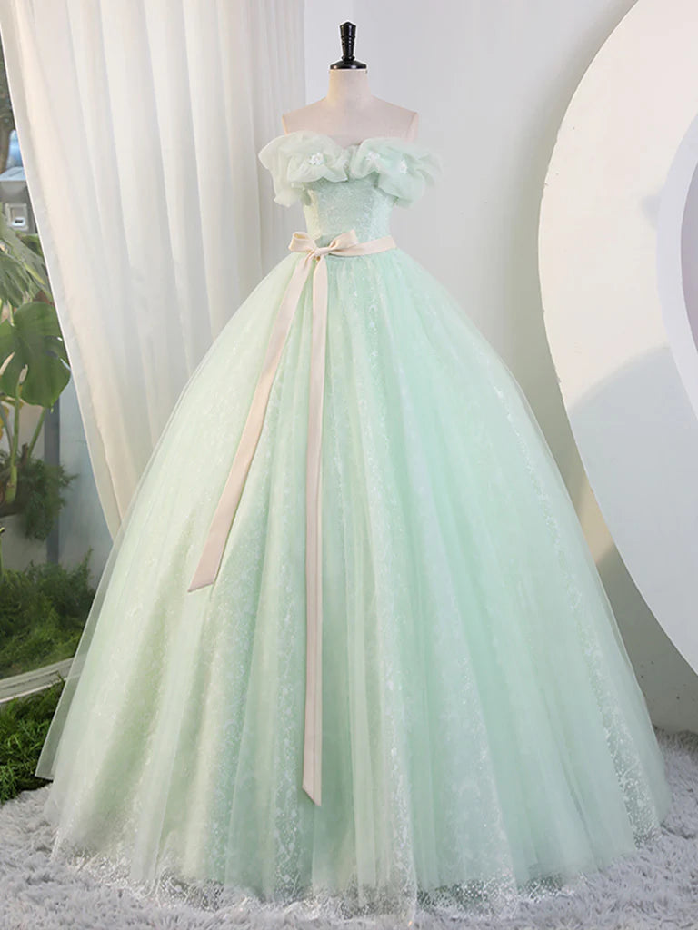 Grünes schulterfreies Tüll-Langes Ballkleid, Grünes Spitzen-Langes Sweet 16-Kleid ED0743