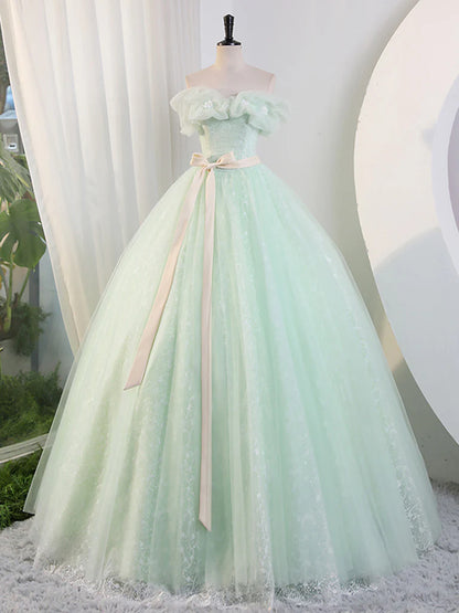 Grünes schulterfreies Tüll-Langes Ballkleid, Grünes Spitzen-Langes Sweet 16-Kleid ED0743
