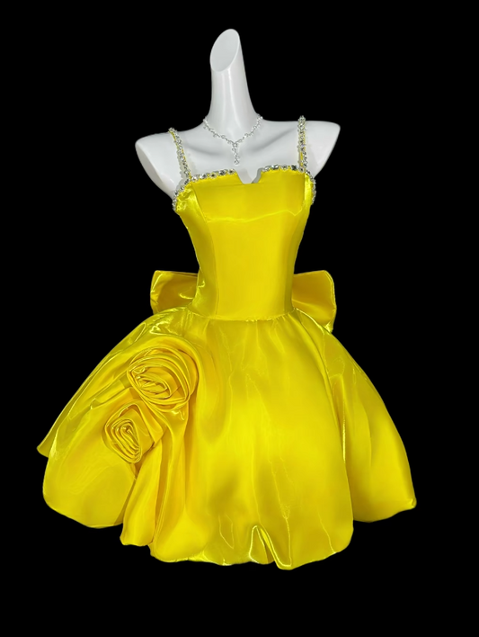 Cute Yellow Birthday Dress Spaghetti Straps A-Line Prom Dress Short Satin Party Dress ED07431