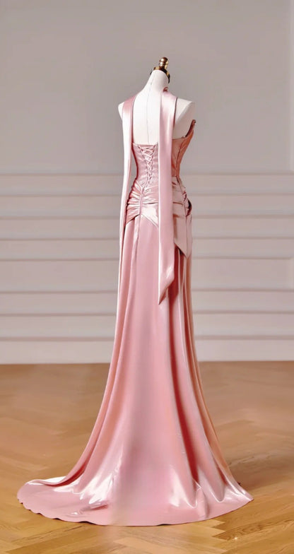 Robe de soirée longue fourreau bustier satin rose mignon ED07433