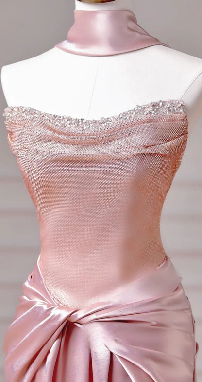 Robe de soirée longue fourreau bustier satin rose mignon ED07433