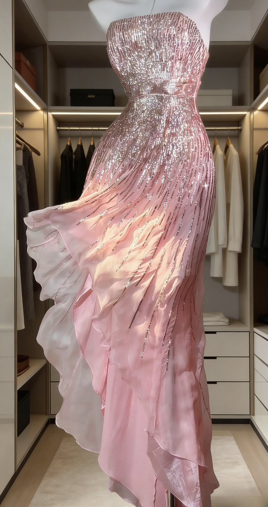 Cute Strapless Pink Prom Dress Sheath Long Chiffon Sequins Evening Dress ED07434