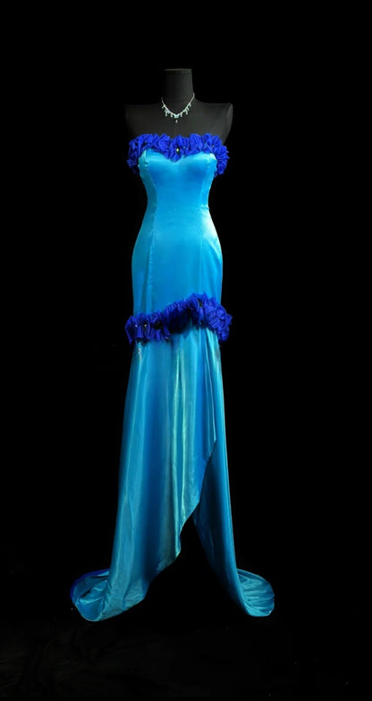 Chic Strapless Blue Prom Dress Sheath Long Satin Evening Dress ED07435