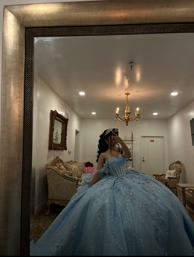 Fairy  Blue Ball Gown Off-shulder Glitter Tulle Quinceanera Dress Appliques Prom Dress  ED07436