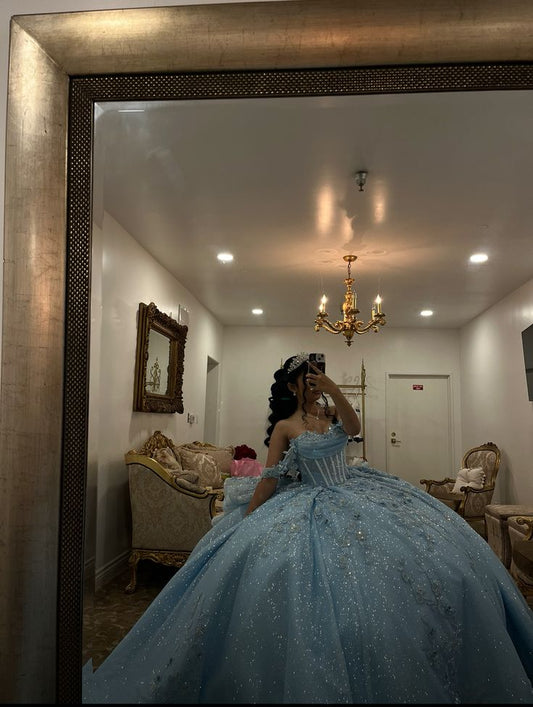Fairy  Blue Ball Gown Off-shulder Glitter Tulle Quinceanera Dress Appliques Prom Dress  ED07436
