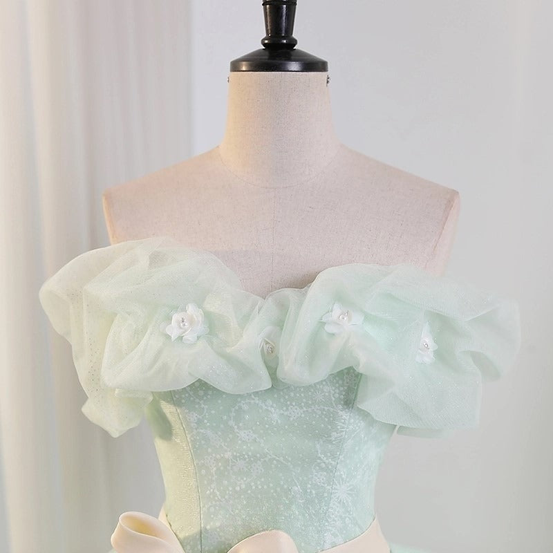 Grünes schulterfreies Tüll-Langes Ballkleid, Grünes Spitzen-Langes Sweet 16-Kleid ED0743