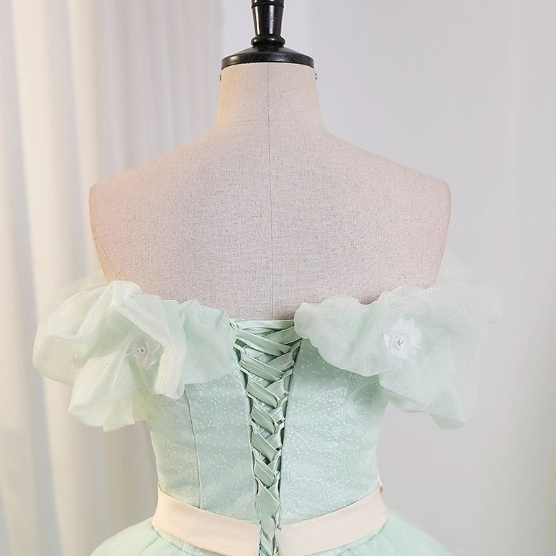 Grünes schulterfreies Tüll-Langes Ballkleid, Grünes Spitzen-Langes Sweet 16-Kleid ED0743