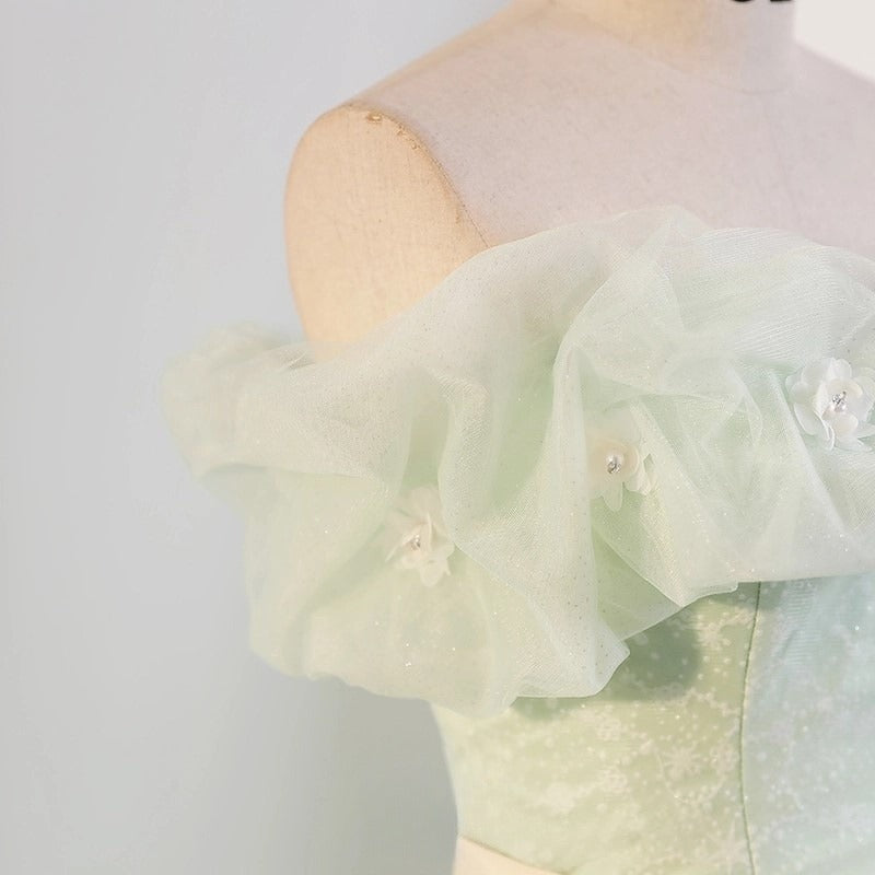 Grünes schulterfreies Tüll-Langes Ballkleid, Grünes Spitzen-Langes Sweet 16-Kleid ED0743