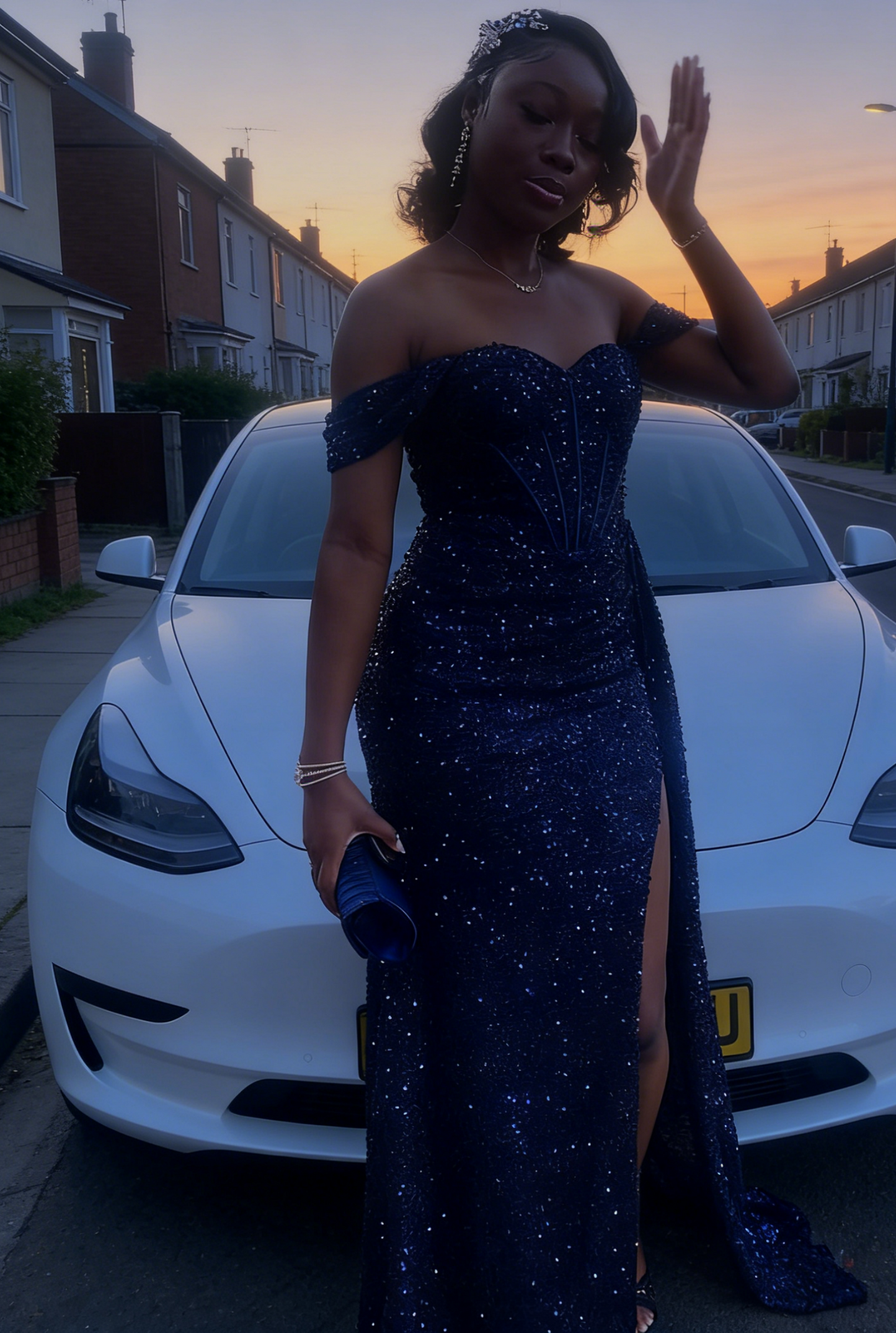 Robe de bal chic bleu marine asymétrique fourreau longue à paillettes avec fente ED07440