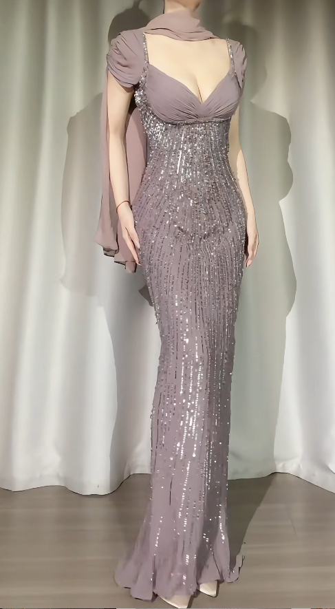 Gorgeous Sheath Sweetheart Chiffon Beaded Evening Dress Long Dusty Purple Prom Dress ED07452