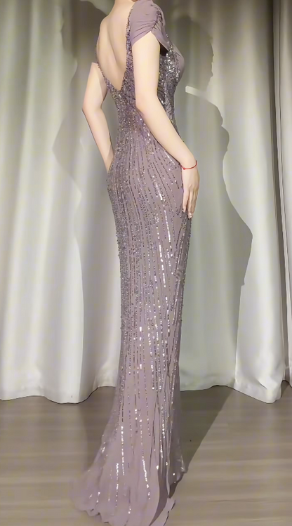 Gorgeous Sheath Sweetheart Chiffon Beaded Evening Dress Long Dusty Purple Prom Dress ED07452