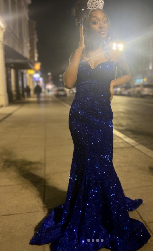 Gorgeous Sheath Sweetheart Sequins Evening Dress Long Blue Prom Dress ED07455