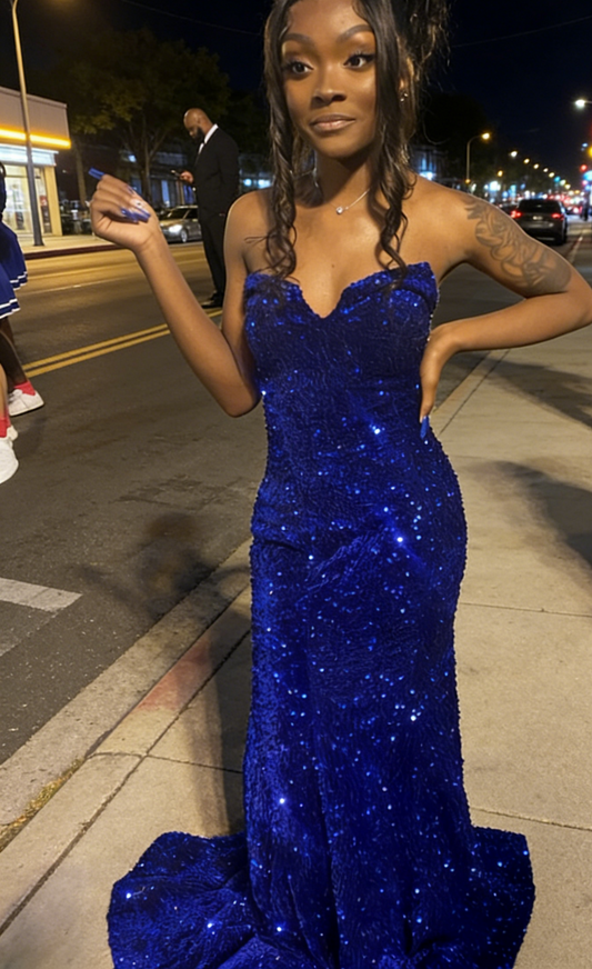 Gorgeous Sheath Sweetheart Sequins Evening Dress Long Blue Prom Dress ED07455