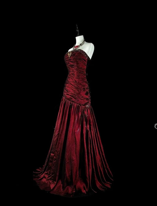 Simple Sheath Strapless Satin Evening Dress Long Burgundy Prom Dress ED07456